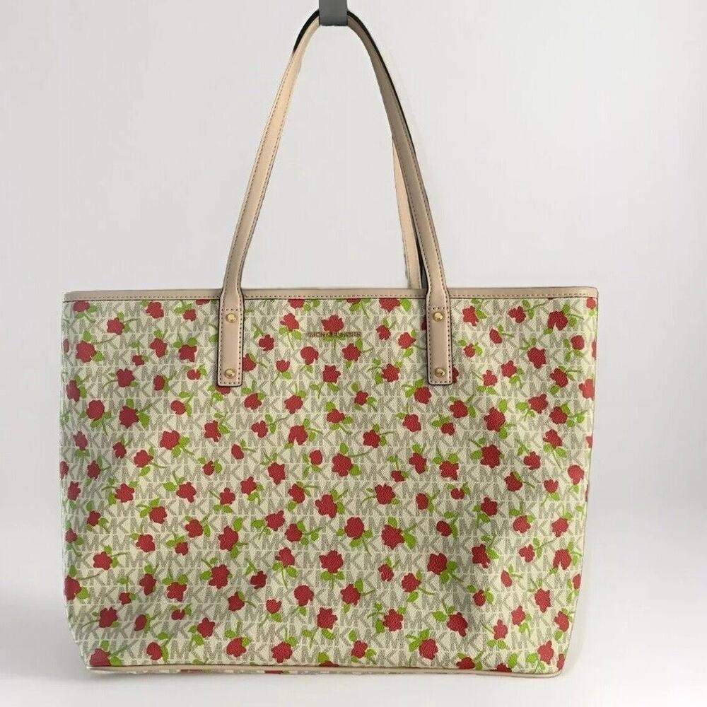 Michael Kors Carter MK Monogram Rose Floral Vanilla Large Tote Bag Purse AB-2012